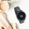 Upgrade your Samsung Galaxy Watch with our Premium Full Crystal Embellished Classic Style Band and Cover Samsung Galaxy Watch Band + Cover Set.  Indulge in the luxury look and feel of our Samsung Galaxy Watch band and case, crafted from high-quality stainless steel in a classic watch band style embellished with rows of faux diamond crystals. Each strap is designed to fit your Samsung Galaxy Watch seamlessly out of the box, and is adjustable with removable clasps. 