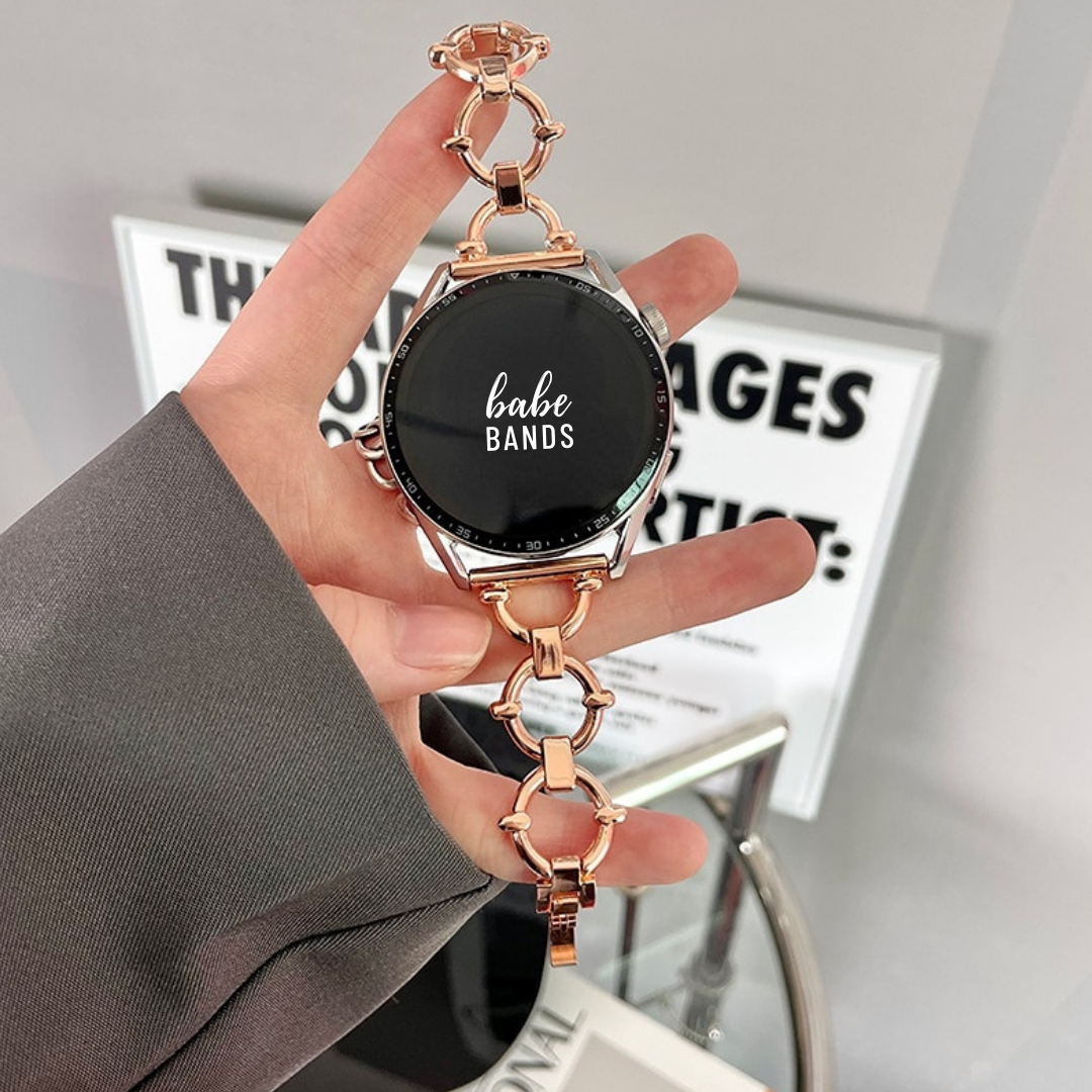No more basic vibes. Step up your babe game with our premium Babe Bands to elevate your style.   Upgrade your Samsung Galaxy Watch with our Premium O-Chain Stainless Steel Galaxy Samsung Watch Band.  Indulge in the luxury look and feel of our Samsung Galaxy Watch band, crafted from high-quality stainless steel in an elegant chunky o-chain style. 