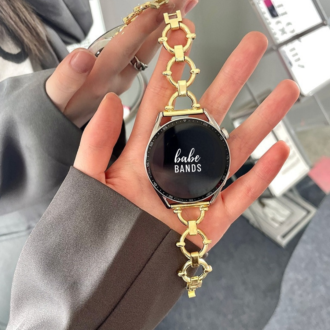 No more basic vibes. Step up your babe game with our premium Babe Bands to elevate your style.   Upgrade your Samsung Galaxy Watch with our Premium O-Chain Stainless Steel Galaxy Samsung Watch Band.  Indulge in the luxury look and feel of our Samsung Galaxy Watch band, crafted from high-quality stainless steel in an elegant chunky o-chain style. 