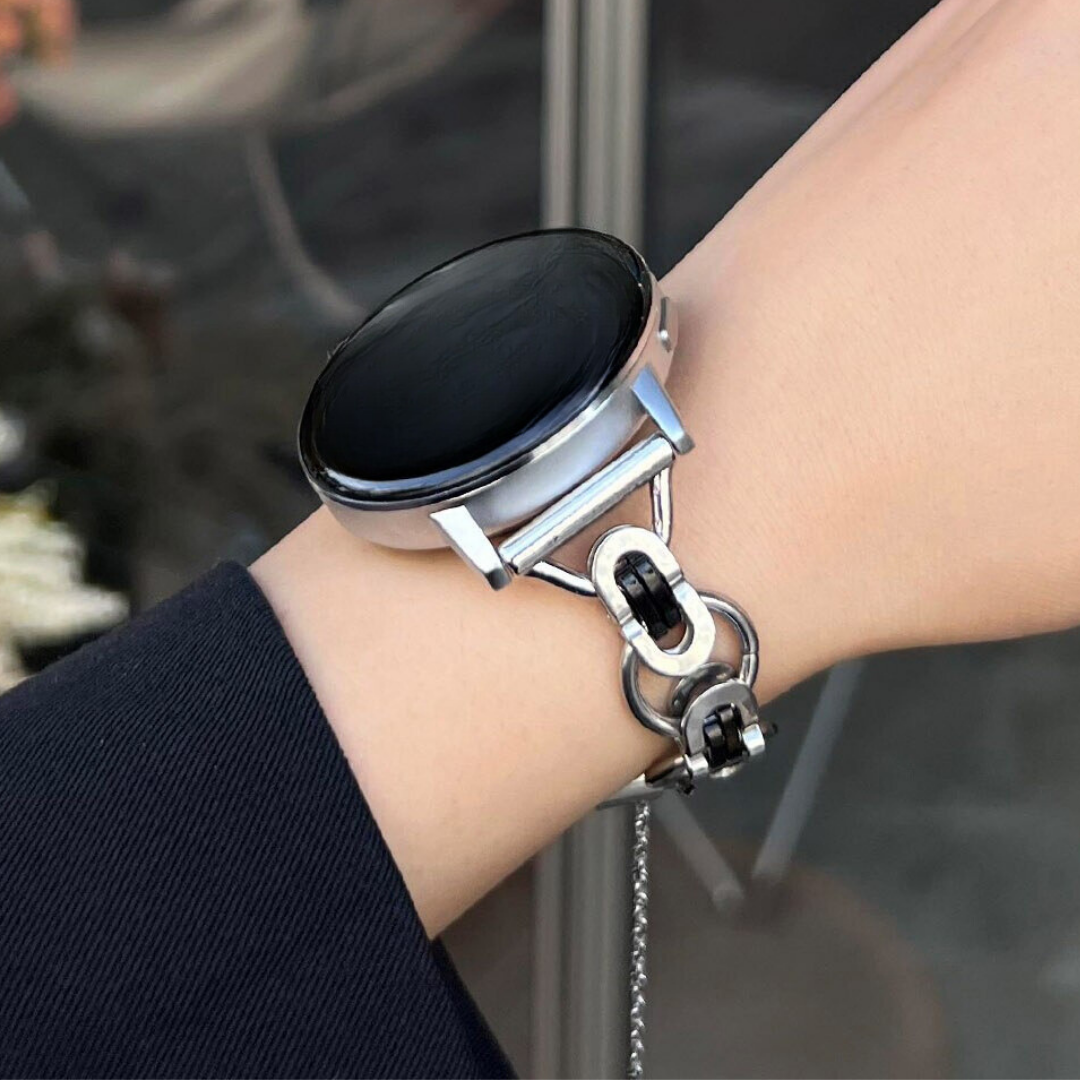 No more basic vibes. Step up your babe game with our premium Babe Bands to elevate your style.   Upgrade your Samsung Galaxy Watch with our Premium Stainless Steel Loop Link Samsung Galaxy Watch Band.  Indulge in the luxury look and feel of our Samsung Galaxy Watch band, crafted from high-quality stainless steel in a unique style band with loop link detail. Available with or without an attached bracelet.