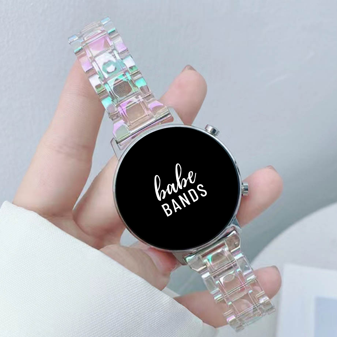 No more basic vibes. Step up your babe game with our premium Babe Bands to elevate your style.   Upgrade your Samsung Galaxy Watch with our Premium Resin Classic Style Samsung Galaxy Watch Band.  Indulge in the luxury look and feel of our Samsung Galaxy Watch band, crafted from high-quality resin in a classic watch band style.