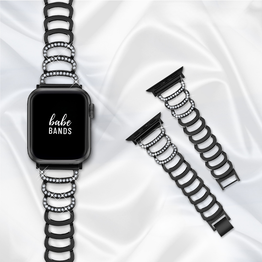 No more basic vibes. Step up your babe game with our premium Babe Bands to elevate your style.     Upgrade your Apple Watch with our Premium Stainless Steel Open Link Crystal Apple Watch Band.  Indulge in the luxury look and feel of our Apple Watch band, crafted from high-quality stainless steel open link band with faux diamond detailing for added style.
