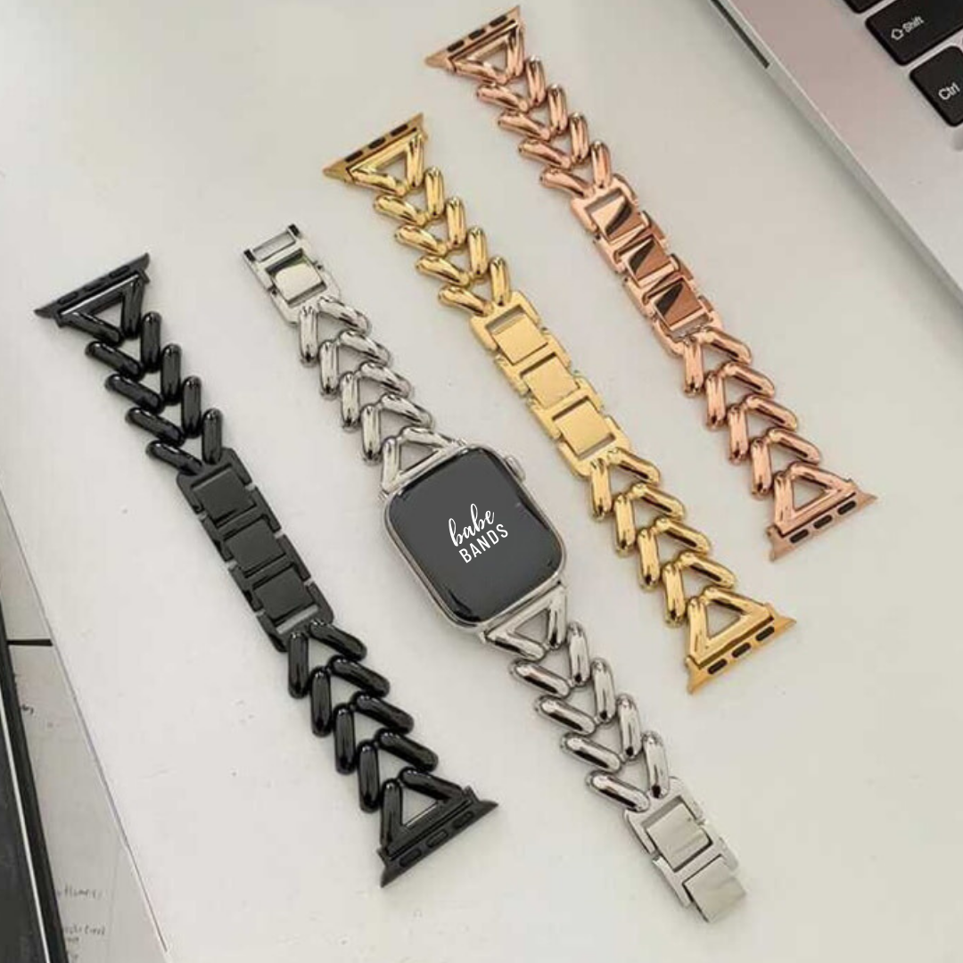 No more basic vibes. Step up your babe game with our premium Babe Bands to elevate your style.    Upgrade your Apple Watch with our Premium Braided Stainless Steel Chain Apple Watch Band.  Indulge in the luxury look and feel of our Apple Watch band, crafted from high-quality stainless steel in an elegant chunky braided look chain style.