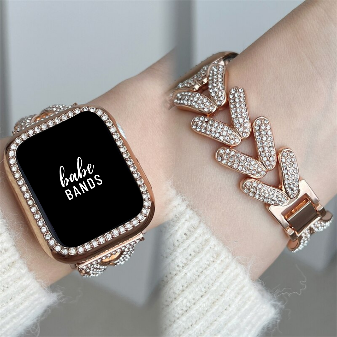 No more basic vibes. Step up your babe game with our premium Babe Bands to elevate your style.    Upgrade your Apple Watch with our Premium Crystal Braided Chain Stainless Steel Band + Crystal Case set.  Indulge in the luxury look and feel of our Apple Watch band, crafted from high-quality stainless steel in an elegant chunky chain style embellished with faux diamonds. 