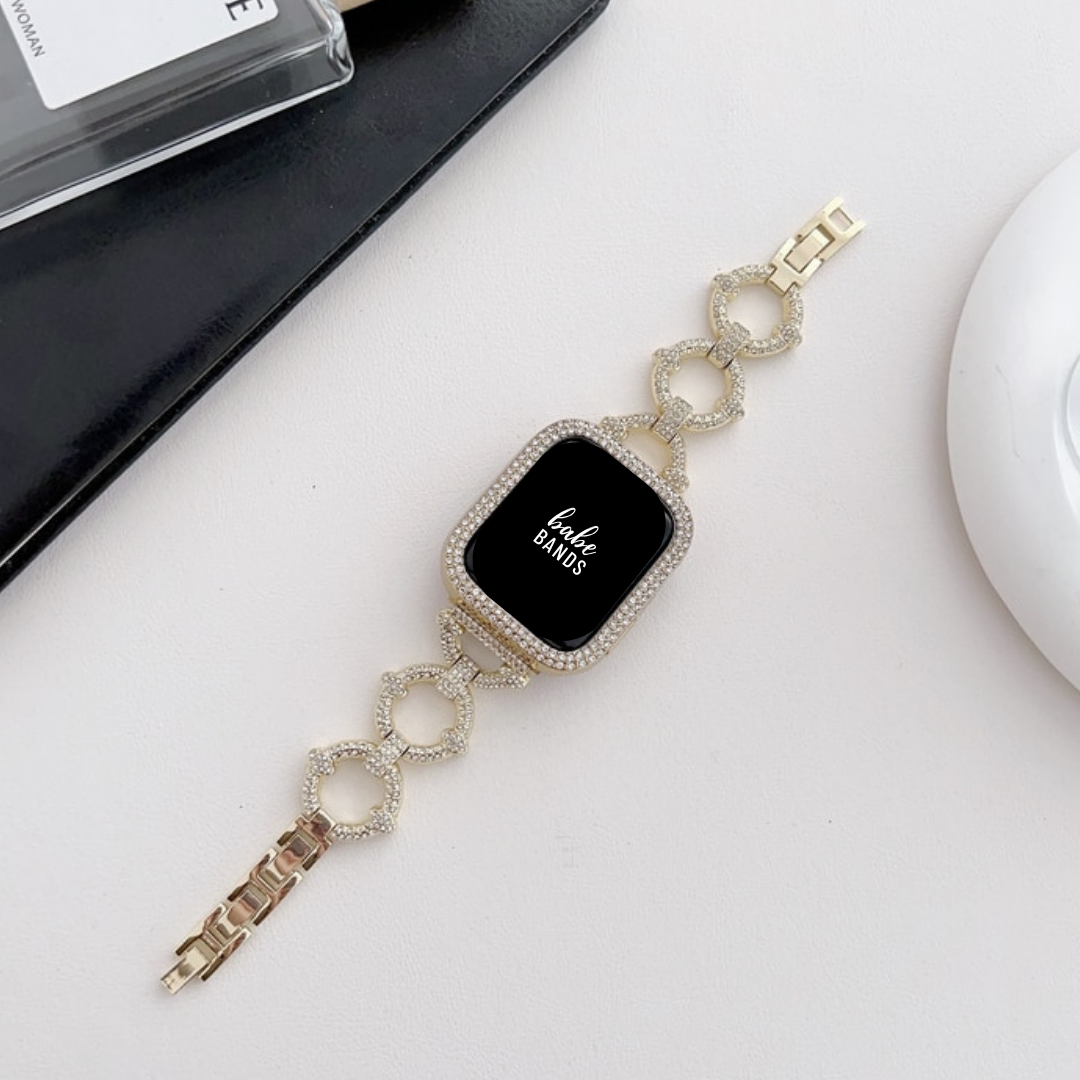 No more basic vibes. Step up your babe game with our premium Babe Bands to elevate your style.   Upgrade your Apple Watch with our Premium Crystal Embellished O-Chain Band Apple Watch Band.  Indulge in the luxury look and feel of our Apple Watch band, crafted from high-quality stainless steel in an elegant o-chain style, with shining faux diamond embellished band and cover.