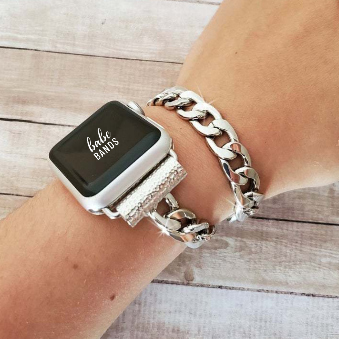 No more basic vibes. Step up your babe game with our premium Babe Bands to elevate your style.    Upgrade your Apple Watch with our Premium Double Wrap Stainless Steel Bracelet Apple Watch Band.  Indulge in the luxury look and feel of our Apple Watch band, crafted from high-quality stainless steel in gorgeous chunky chain band that double wraps into an bracelet for added style.