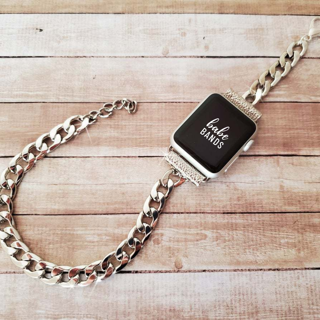 No more basic vibes. Step up your babe game with our premium Babe Bands to elevate your style.    Upgrade your Apple Watch with our Premium Double Wrap Stainless Steel Bracelet Apple Watch Band.  Indulge in the luxury look and feel of our Apple Watch band, crafted from high-quality stainless steel in gorgeous chunky chain band that double wraps into an bracelet for added style.