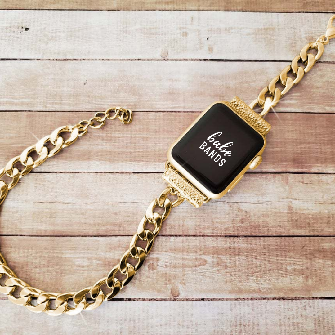 No more basic vibes. Step up your babe game with our premium Babe Bands to elevate your style.    Upgrade your Apple Watch with our Premium Double Wrap Stainless Steel Bracelet Apple Watch Band.  Indulge in the luxury look and feel of our Apple Watch band, crafted from high-quality stainless steel in gorgeous chunky chain band that double wraps into an bracelet for added style.