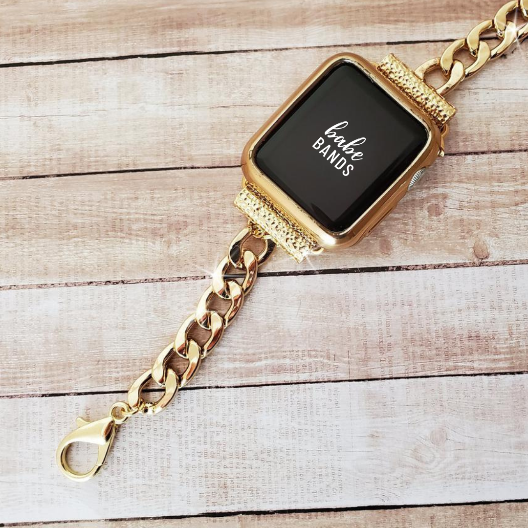 No more basic vibes. Step up your babe game with our premium Babe Bands to elevate your style.    Upgrade your Apple Watch with our Premium Double Wrap Stainless Steel Bracelet Apple Watch Band.  Indulge in the luxury look and feel of our Apple Watch band, crafted from high-quality stainless steel in gorgeous chunky chain band that double wraps into an bracelet for added style.