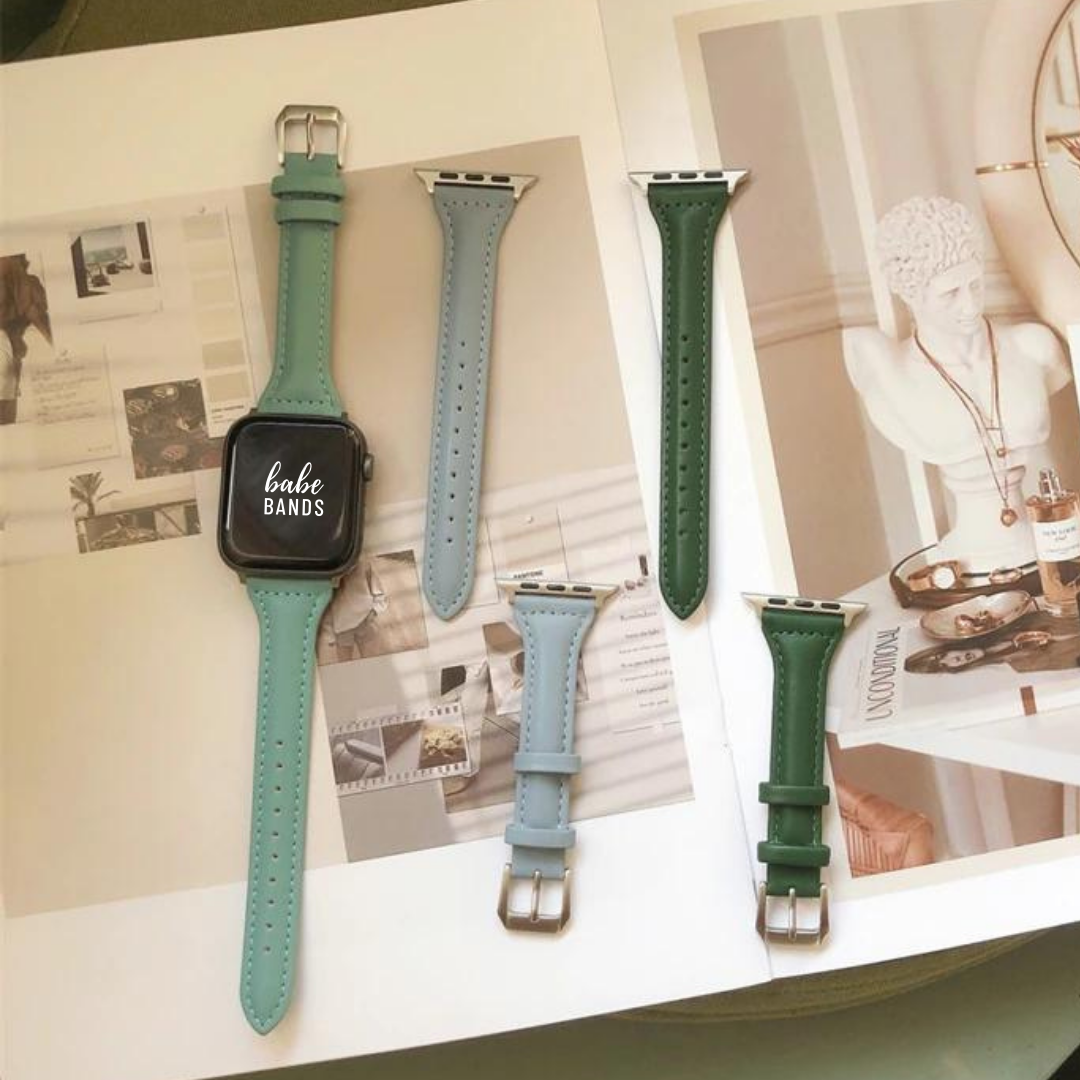 No more basic vibes. Step up your babe game with our premium Babe Bands to elevate your style.    Upgrade your Apple Watch with our Premium Genuine Leather Slim Apple Watch Band.  Indulge in the luxury look and feel of our Apple Watch band, crafted from high-quality genuine leather with a stainless steel classic buckle closure.