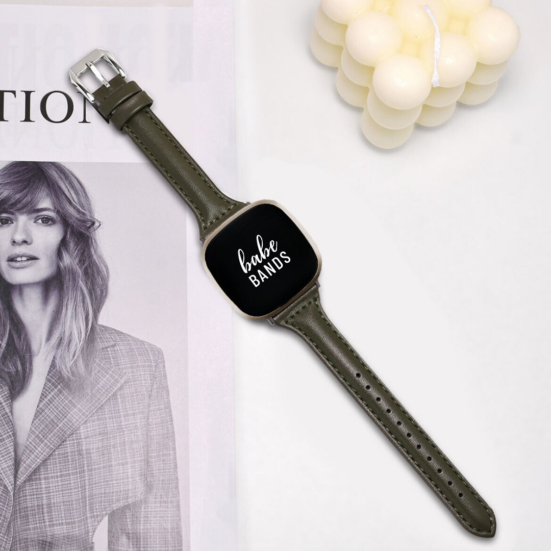 No more basic vibes. Step up your babe game with our premium Babe Bands to elevate your style.    Upgrade your Fitbit Versa or Fitbit Sense with our Premium Genuine Leather Slim Fitbit Versa/Sense Watch Band.  Indulge in the luxury look and feel of our Fitbit band, crafted from high-quality genuine leather with a stainless steel classic buckle closure.