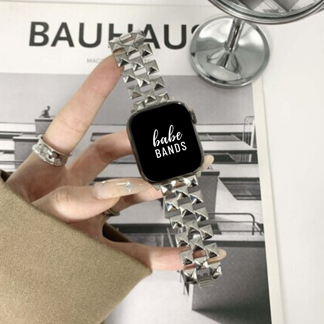 No more basic vibes. Step up your babe game with our premium Babe Bands to elevate your style.    Upgrade your Apple Watch with our Premium Stainless Steel 3D Checkered Apple Watch Band.  Indulge in the luxury look and feel of our Apple Watch band, crafted from high-quality stainless steel in a punky checkered style with a beautiful raised geometric detail.