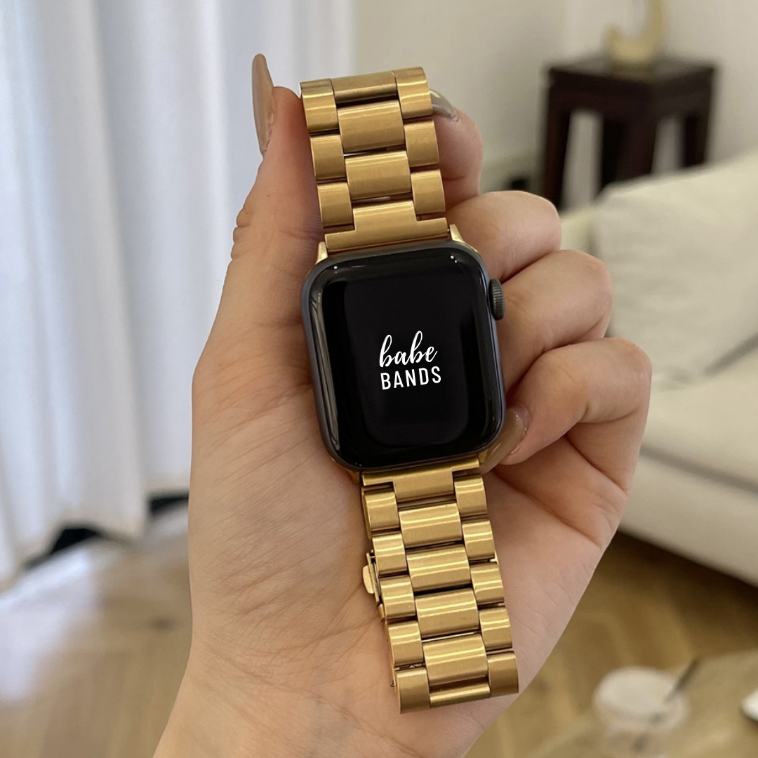 No more basic vibes. Step up your babe game with our premium Babe Bands to elevate your style.     Upgrade your Apple Watch with our Premium Stainless Steel Classic Style Apple Watch Band.  Indulge in the luxury look and feel of our Apple Watch band, crafted from high-quality stainless steel in a classic link band style. 
