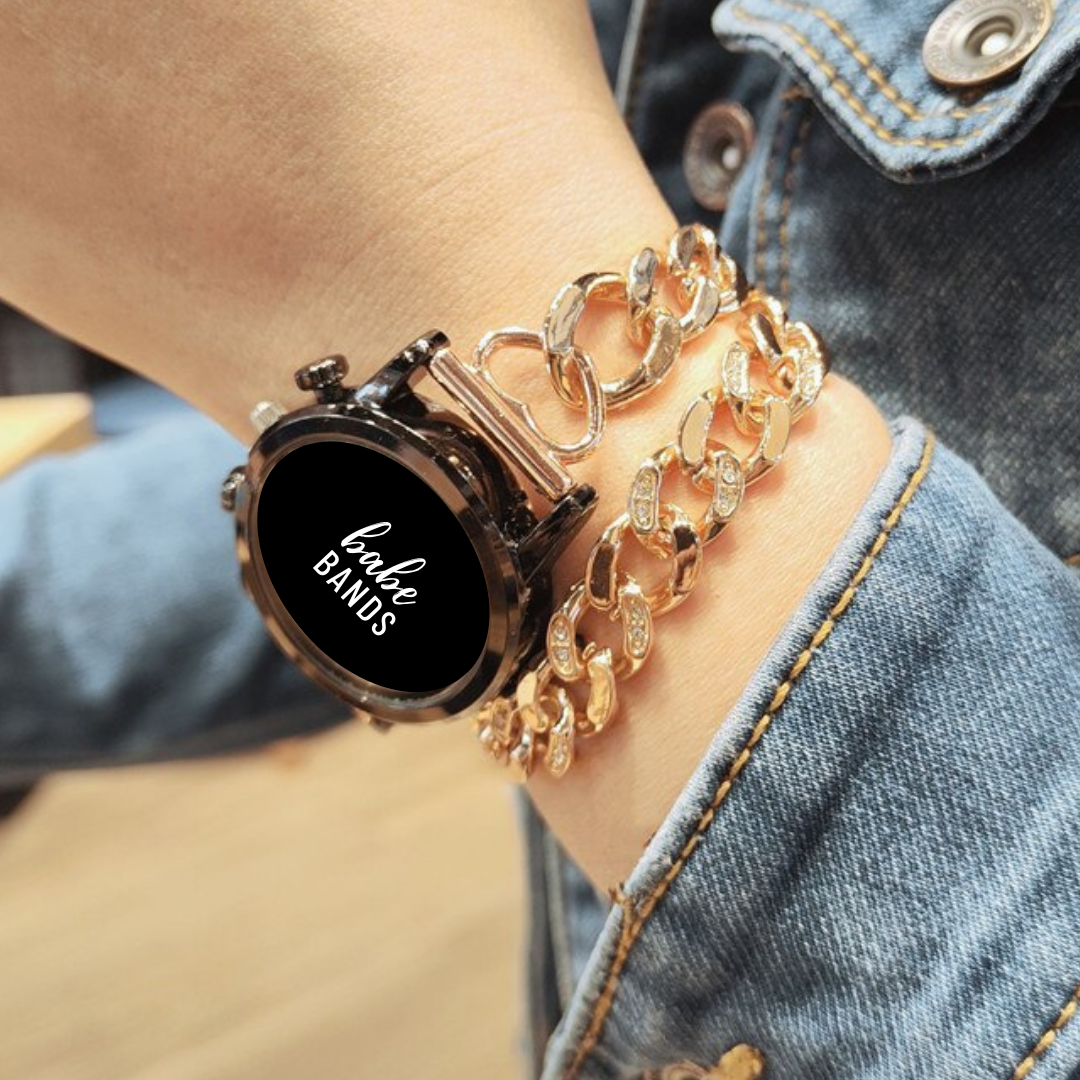 No more basic vibes. Step up your babe game with our premium Babe Bands to elevate your style.   Upgrade your Samsung Galaxy Watch with our Premium Stainless Steel Crystal Embellished Chunky Chain with Built-In Bracelet Samsung Galaxy Watch Band.  Indulge in the luxury look and feel of our Samsung Galaxy Watch band, crafted from high-quality stainless steel in an elegant chunky chain style. 