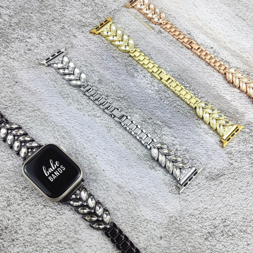 No more basic vibes. Step up your babe game with our premium Babe Bands to elevate your style.     Upgrade your Apple Watch with our Premium Stainless Steel Crystal Embellished Leaf Apple Watch Band.  Indulge in the luxury look and feel of our Apple Watch band, crafted from high-quality stainless steel in an elegant leaf design embellished with crystals for added style.