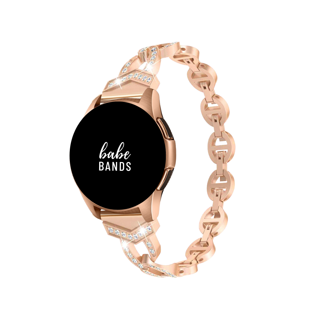 No more basic vibes. Step up your babe game with our premium Babe Bands to elevate your style.    Upgrade your Samsung Galaxy Watch with our Premium Stainless Steel Crystal Flat Chain Samsung Galaxy Watch Band.  Indulge in the luxury look and feel of our Samsung Galaxy Watch band, crafted from high-quality stainless steel in an elegant chain style with faux diamond detailing for added style.