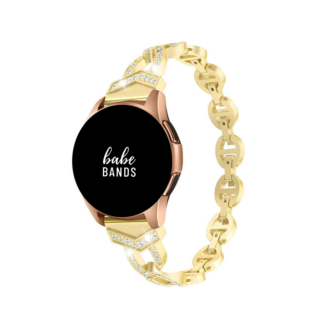 No more basic vibes. Step up your babe game with our premium Babe Bands to elevate your style.    Upgrade your Samsung Galaxy Watch with our Premium Stainless Steel Crystal Flat Chain Samsung Galaxy Watch Band.  Indulge in the luxury look and feel of our Samsung Galaxy Watch band, crafted from high-quality stainless steel in an elegant chain style with faux diamond detailing for added style.