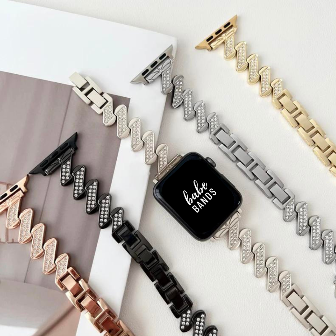 No more basic vibes. Step up your babe game with our premium Babe Bands to elevate your style.   Upgrade your Apple Watch with our Premium Stainless Steel Diamond Zig Zag Apple Watch Band.  Indulge in the luxury look and feel of our Apple Watch band, crafted from high-quality stainless steel band in a unique zig zag shape embellished with sparkling rhinestones for added style.