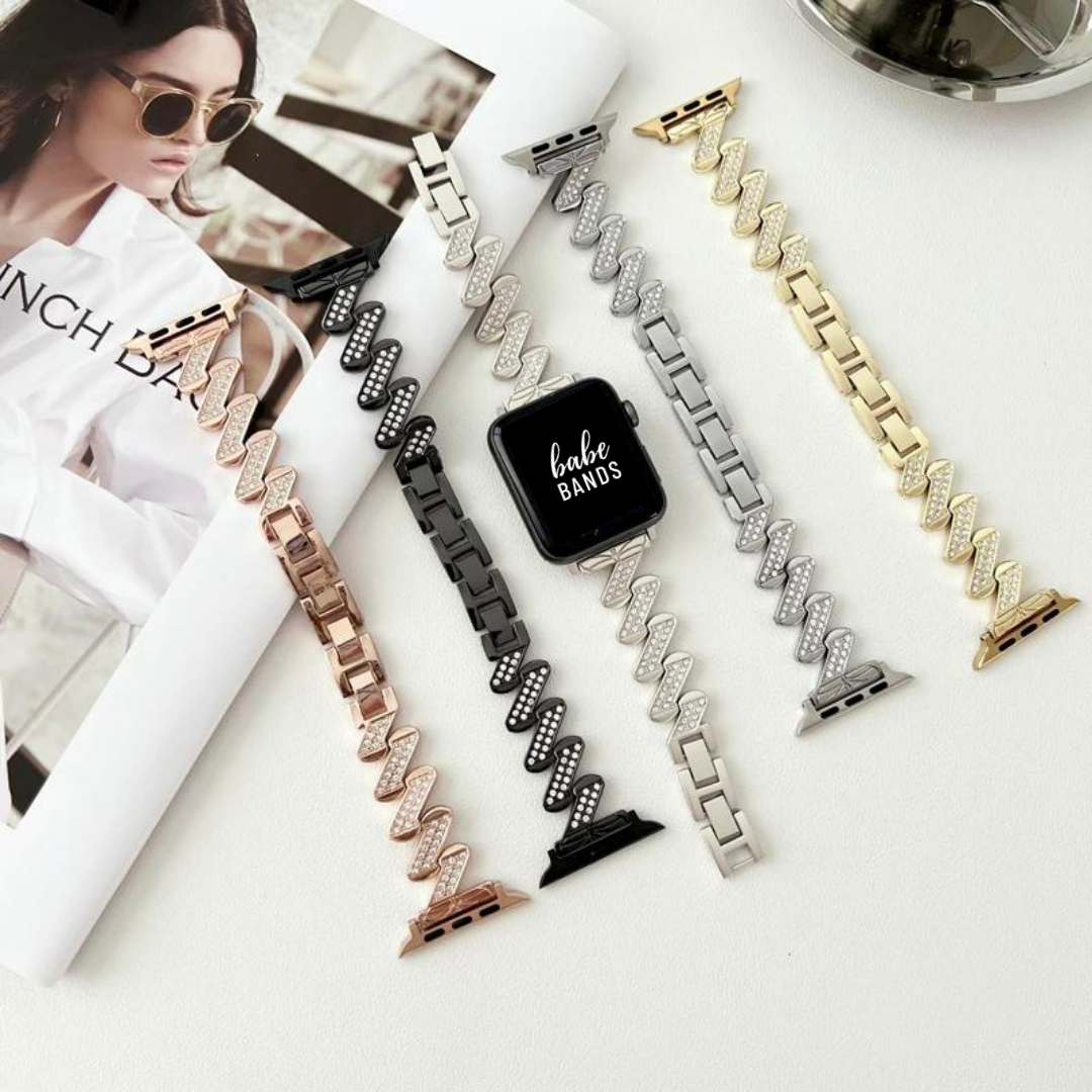 No more basic vibes. Step up your babe game with our premium Babe Bands to elevate your style.   Upgrade your Apple Watch with our Premium Stainless Steel Diamond Zig Zag Apple Watch Band.  Indulge in the luxury look and feel of our Apple Watch band, crafted from high-quality stainless steel band in a unique zig zag shape embellished with sparkling rhinestones for added style.