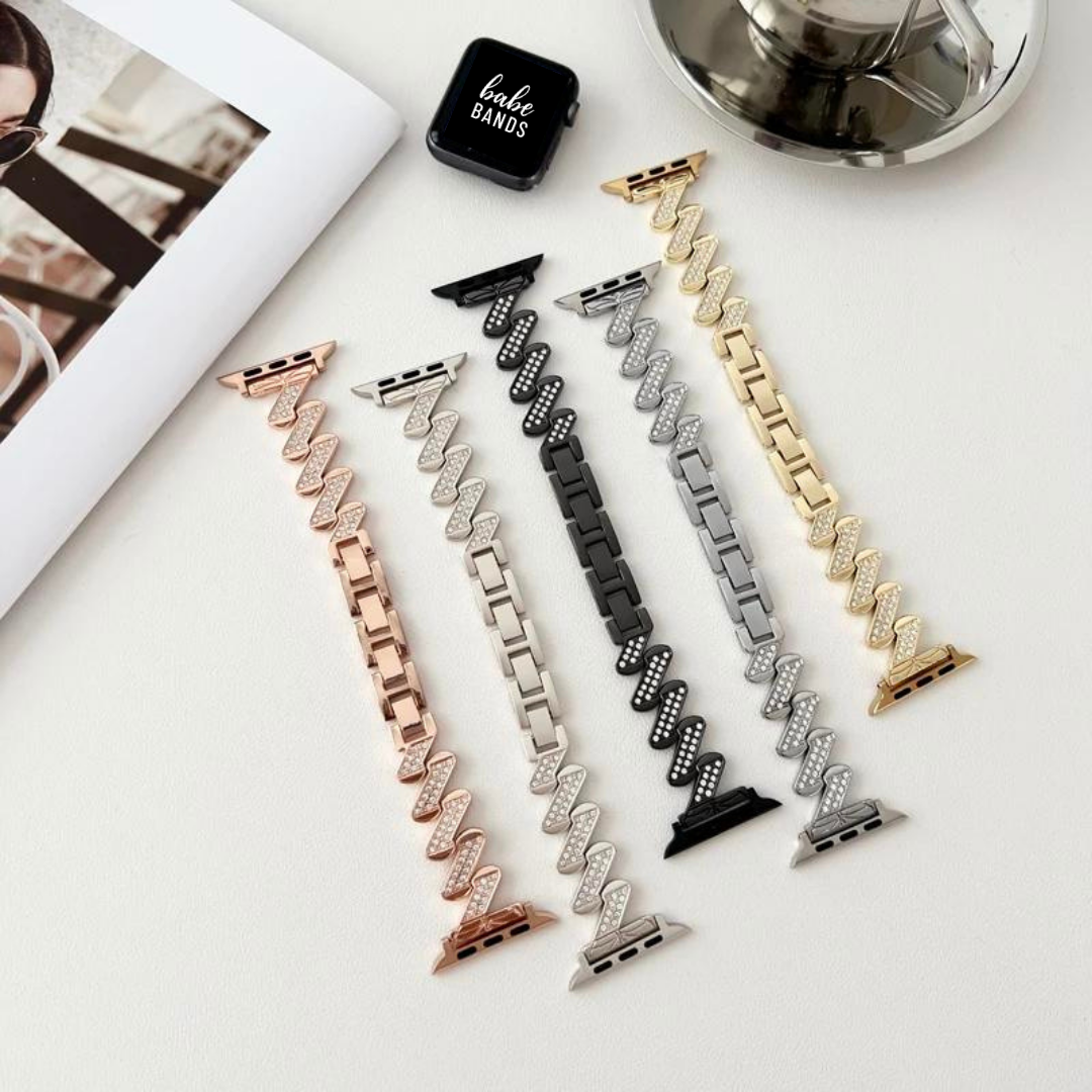 No more basic vibes. Step up your babe game with our premium Babe Bands to elevate your style.   Upgrade your Apple Watch with our Premium Stainless Steel Diamond Zig Zag Apple Watch Band.  Indulge in the luxury look and feel of our Apple Watch band, crafted from high-quality stainless steel band in a unique zig zag shape embellished with sparkling rhinestones for added style.