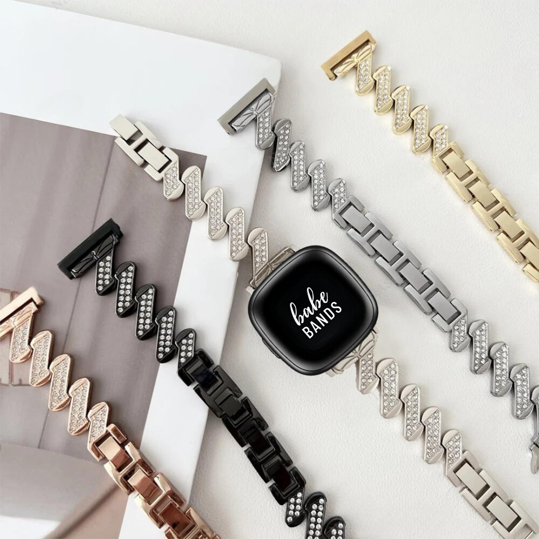 No more basic vibes. Step up your babe game with our premium Babe Bands to elevate your style.   Upgrade your Fitbit Versa or Fitbit Sense with our Premium Stainless Steel Diamond Zig Zag Fitbit Versa/Sense Band.  Indulge in the luxury look and feel of our Fitbit band, crafted from high-quality stainless steel band in a unique zig zag shape embellished with sparkling rhinestones for added style.