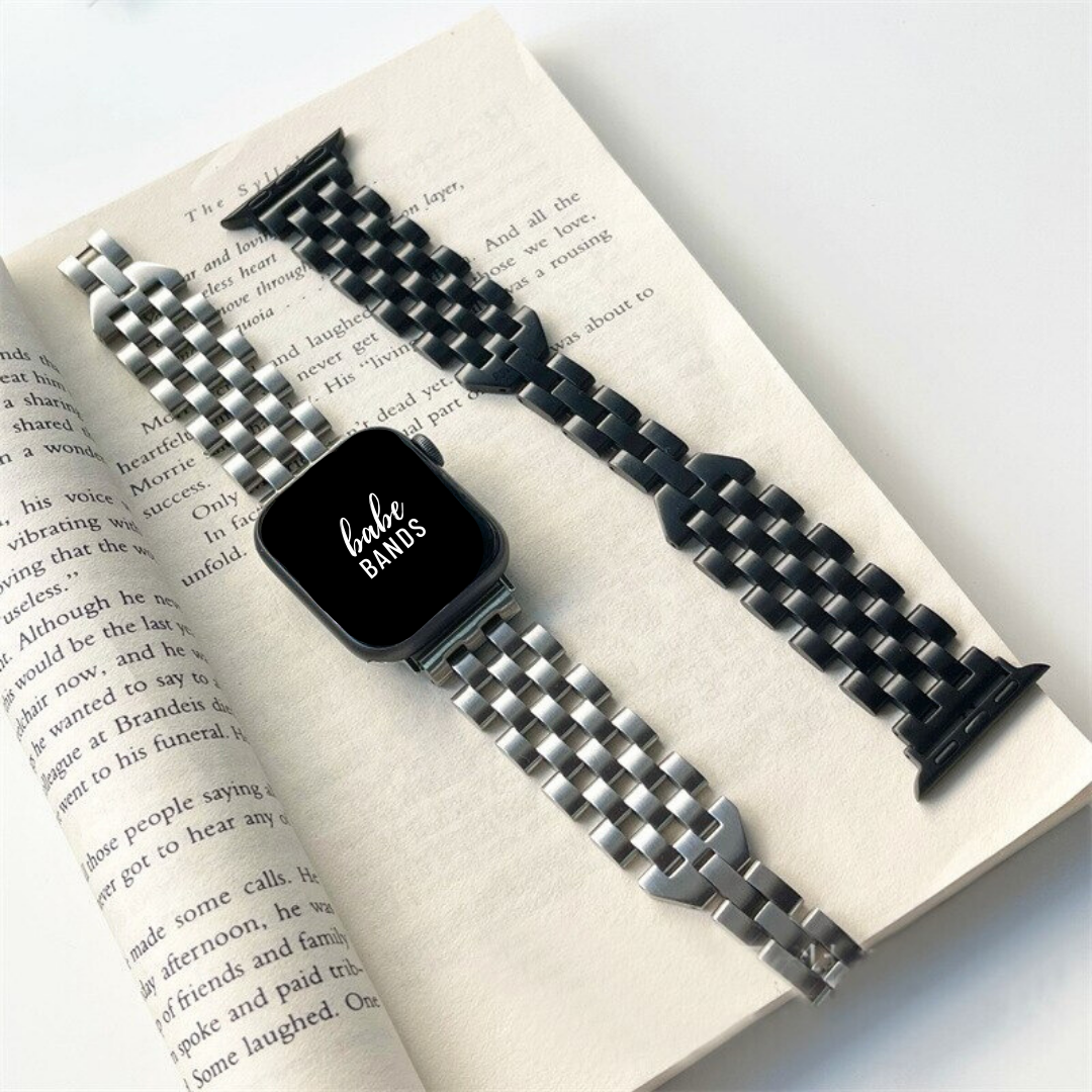 No more basic vibes. Step up your babe game with our premium Babe Bands to elevate your style.    Upgrade your Apple Watch with our Premium Stainless Steel Open Weave Link Apple Watch Band.  Indulge in the luxury look and feel of our Apple Watch band, crafted from high-quality stainless steel in gorgeous elongated checkered open weave style.