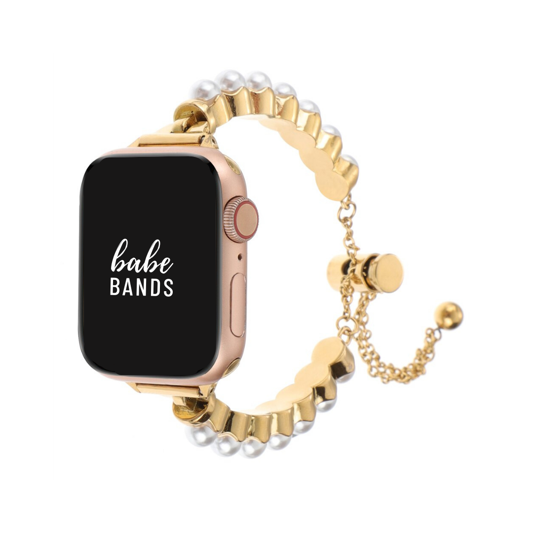 No more basic vibes. Step up your babe game with our premium Babe Bands to elevate your style.    Upgrade your Apple Watch with our Premium Stainless Steel Pearl Bracelet Apple Watch Band.  Indulge in the luxury look and feel of our Apple Watch band, crafted from high-quality stainless steel in an elegant adjustable bracelet style with pearl detailing.