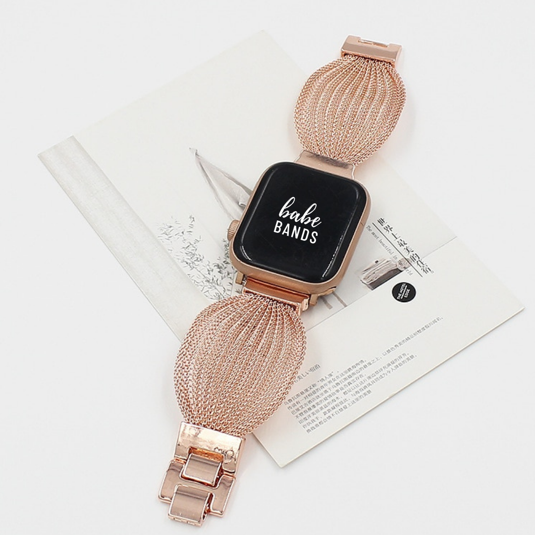 No more basic vibes. Step up your babe game with our premium Babe Bands to elevate your style.   Upgrade your Apple Watch with our Premium Stainless Steel Wide Gathered Mesh Apple Watch Band.  Indulge in the luxury look and feel of our Apple Watch band, crafted from high-quality stainless steel in a beautiful wide bracelet style made from chain mesh.