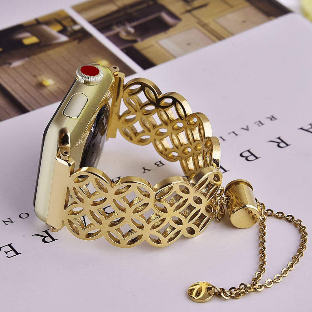 No more basic vibes. Step up your babe game with our premium Babe Bands to elevate your style.     Upgrade your Apple Watch with our Premium Stainless Steel Wide Lattice Style Apple Watch Band.  Indulge in the luxury look and feel of our Apple Watch band, crafted from high-quality stainless steel in an elegant wide lattice bracelet style with a toggle drawstring closure.