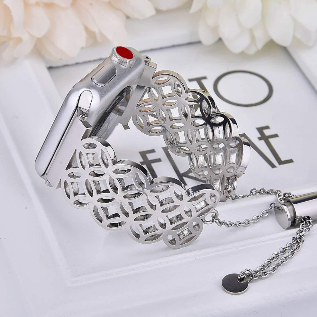 No more basic vibes. Step up your babe game with our premium Babe Bands to elevate your style.     Upgrade your Apple Watch with our Premium Stainless Steel Wide Lattice Style Apple Watch Band.  Indulge in the luxury look and feel of our Apple Watch band, crafted from high-quality stainless steel in an elegant wide lattice bracelet style with a toggle drawstring closure.