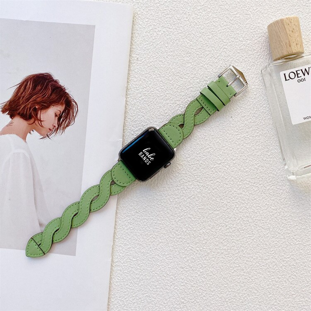 No more basic vibes. Step up your babe game with our premium Babe Bands to elevate your style.   Upgrade your Apple Watch with our Premium Twisted Leather Apple Watch Band.  Indulge in the luxury look and feel of our Apple Watch band, crafted from high-quality genuine leather with a beautiful twist detail and classic buckle closure.