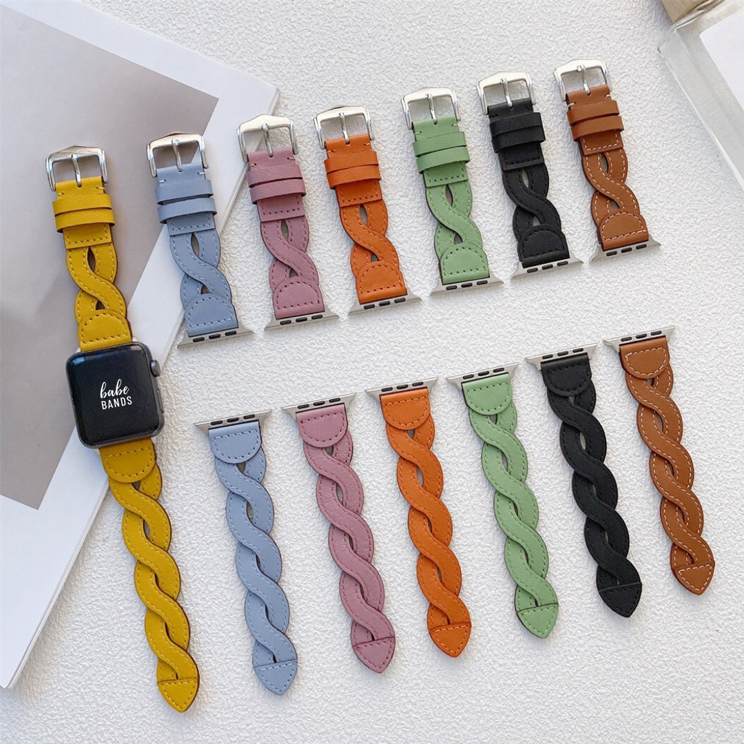 No more basic vibes. Step up your babe game with our premium Babe Bands to elevate your style.   Upgrade your Apple Watch with our Premium Twisted Leather Apple Watch Band.  Indulge in the luxury look and feel of our Apple Watch band, crafted from high-quality genuine leather with a beautiful twist detail and classic buckle closure.