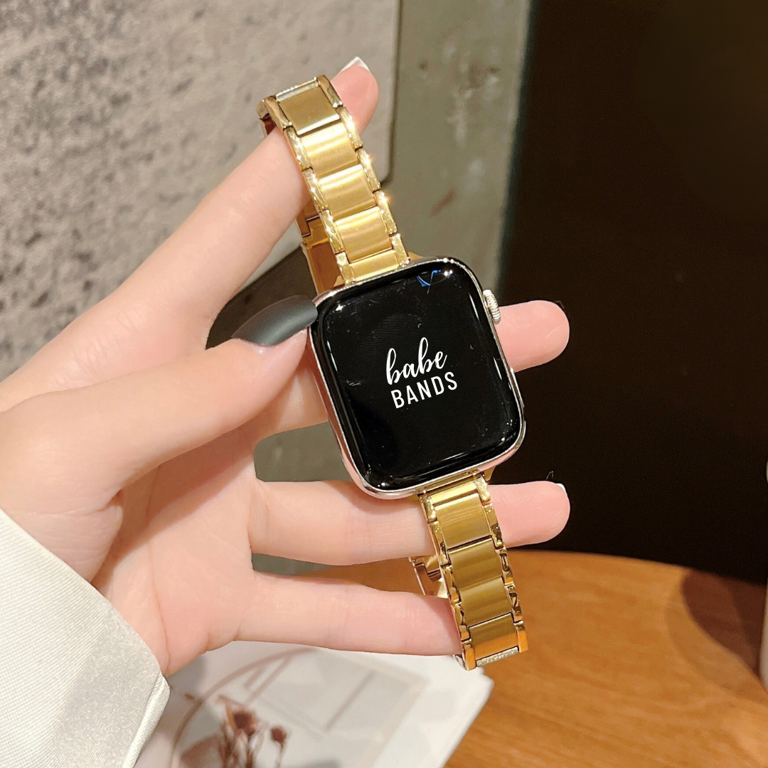  No more basic vibes. Step up your babe game with our premium Babe Bands to elevate your style.    Upgrade your Apple Watch with our Premium Slim Stainless Steel Classic Style Apple Watch Band.  Indulge in the luxury look and feel of our Apple Watch band, crafted from high-quality stainless steel in a classic watch band style with contrasting sheen edge detail on most color options.