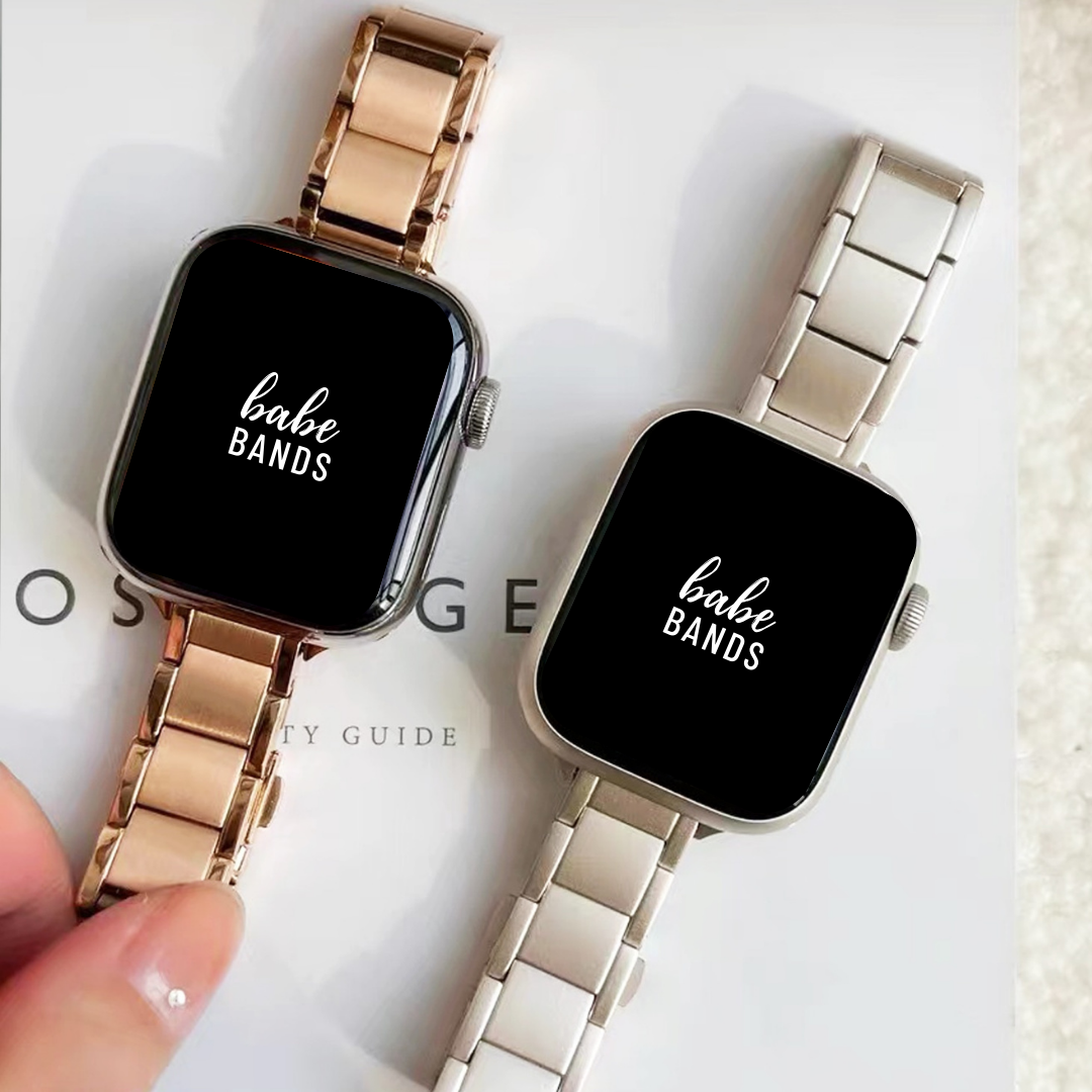 No more basic vibes. Step up your babe game with our premium Babe Bands to elevate your style.    Upgrade your Apple Watch with our Premium Slim Stainless Steel Classic Style Apple Watch Band.  Indulge in the luxury look and feel of our Apple Watch band, crafted from high-quality stainless steel in a classic watch band style with contrasting sheen edge detail on most color options.
