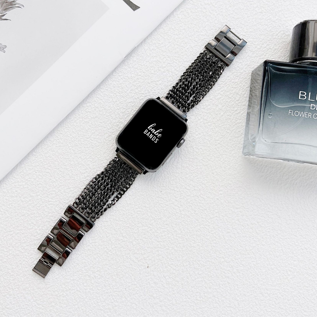 No more basic vibes. Step up your babe game with our premium Babe Bands to elevate your style.    Upgrade your Apple Watch with our Premium Stainless Steel Chain Tassel Apple Watch Band.  Indulge in the luxury look and feel of our Apple Watch band, crafted from high-quality stainless steel in an elegant tasseled chain band style.
