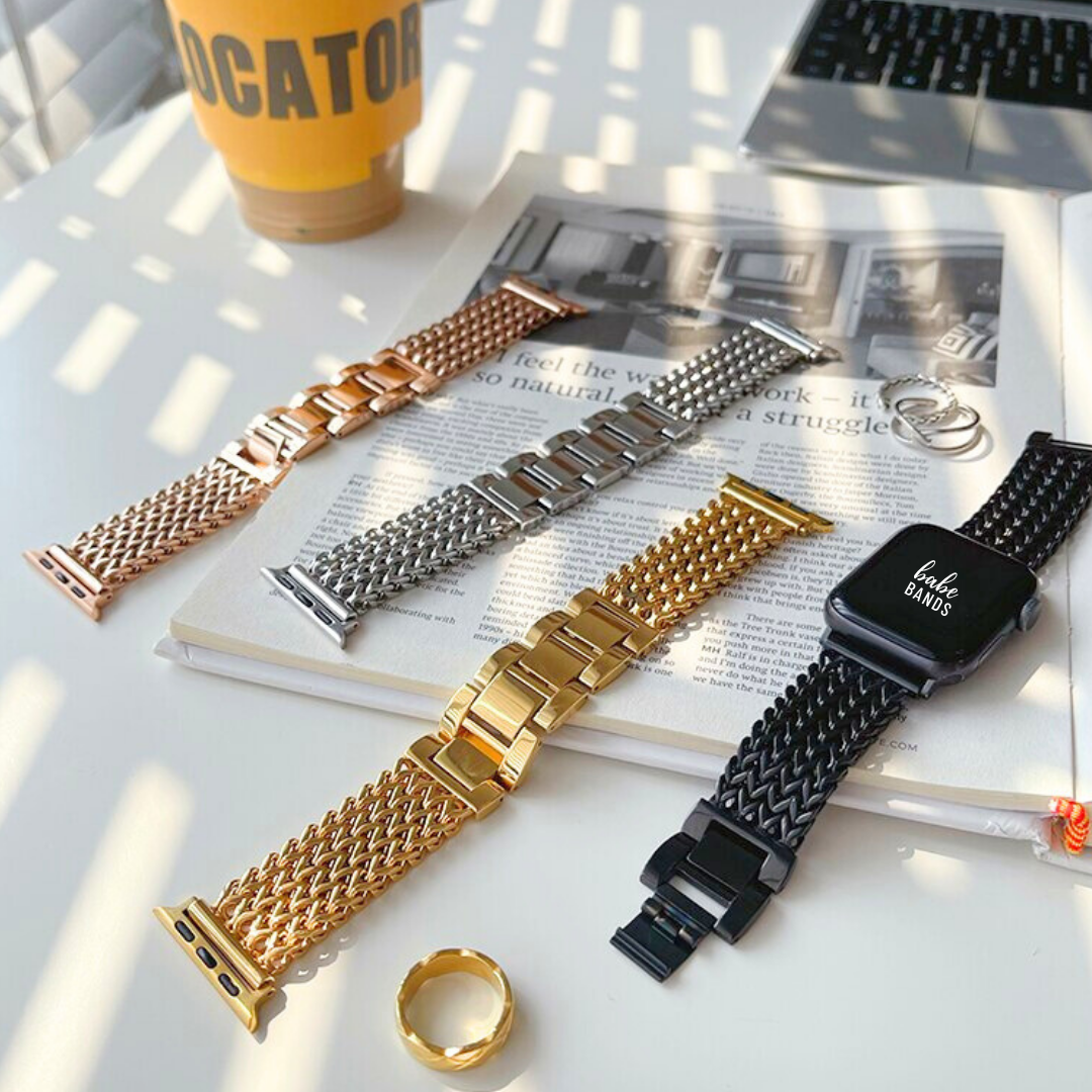 No more basic vibes. Step up your babe game with our premium Babe Bands to elevate your style.    Upgrade your Apple Watch with our Premium Stainless Steel Knit Chain Apple Watch Band.  Indulge in the luxury look and feel of our Apple Watch band, crafted from high-quality stainless steel in an elegant chunky knit chain style. 