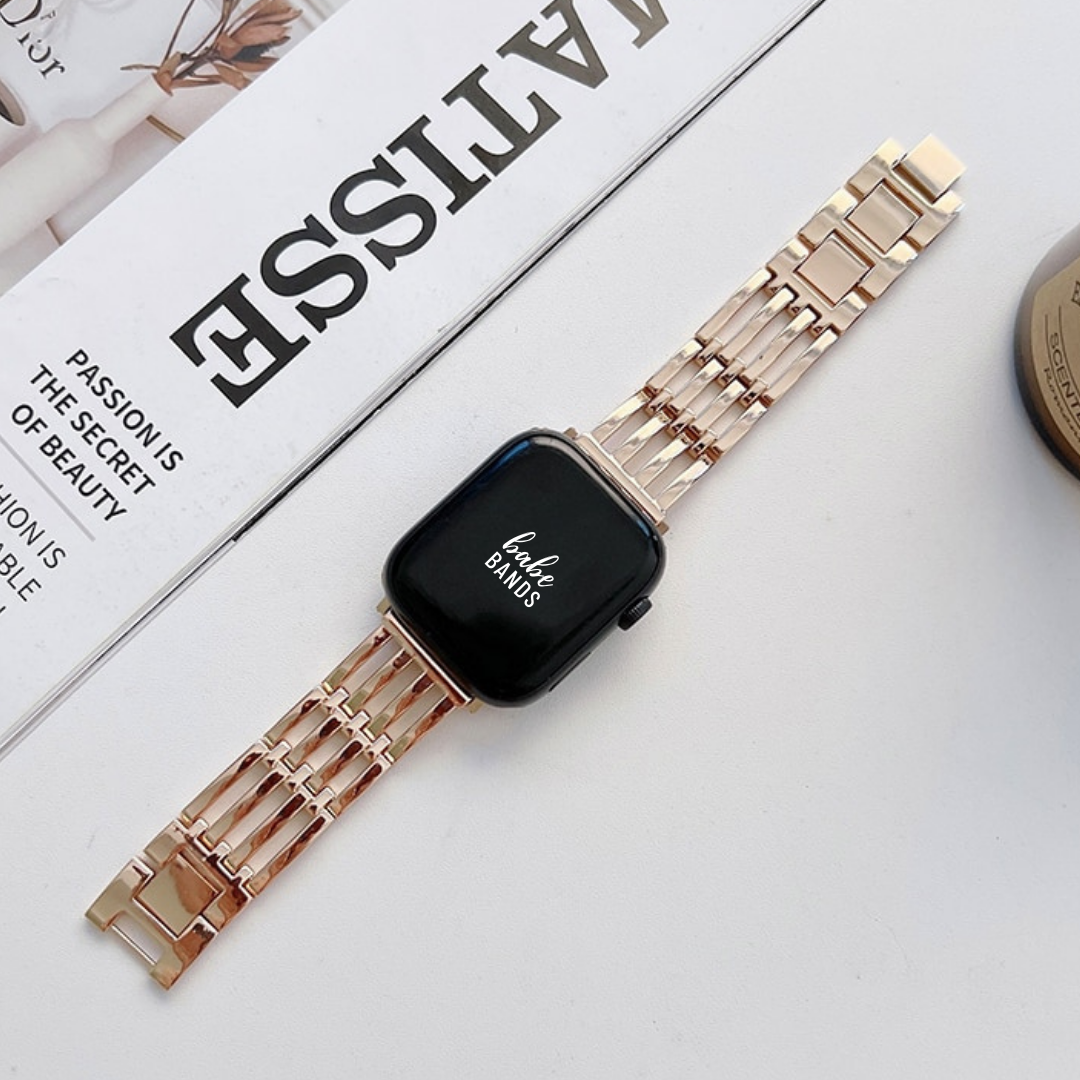 No more basic vibes. Step up your babe game with our premium Babe Bands to elevate your style.    Upgrade your Apple Watch with our Premium Stainless Steel Railed Apple Watch Band.  Indulge in the luxury look and feel of our Apple Watch band, crafted from high-quality stainless steel in an elegant quadruple railing styled band.