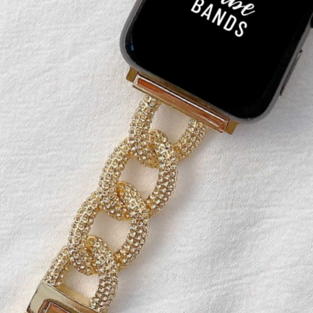No more basic vibes. Step up your babe game with our premium Babe Bands to elevate your style.    Upgrade your Apple Watch with our Premium Crystal Stainless Steel Chunky Chain Apple Watch Band.  Indulge in the luxury look and feel of our Apple Watch band, crafted from high-quality stainless steel in an elegant chunky chain style with a textured faux diamond finish for added style. 