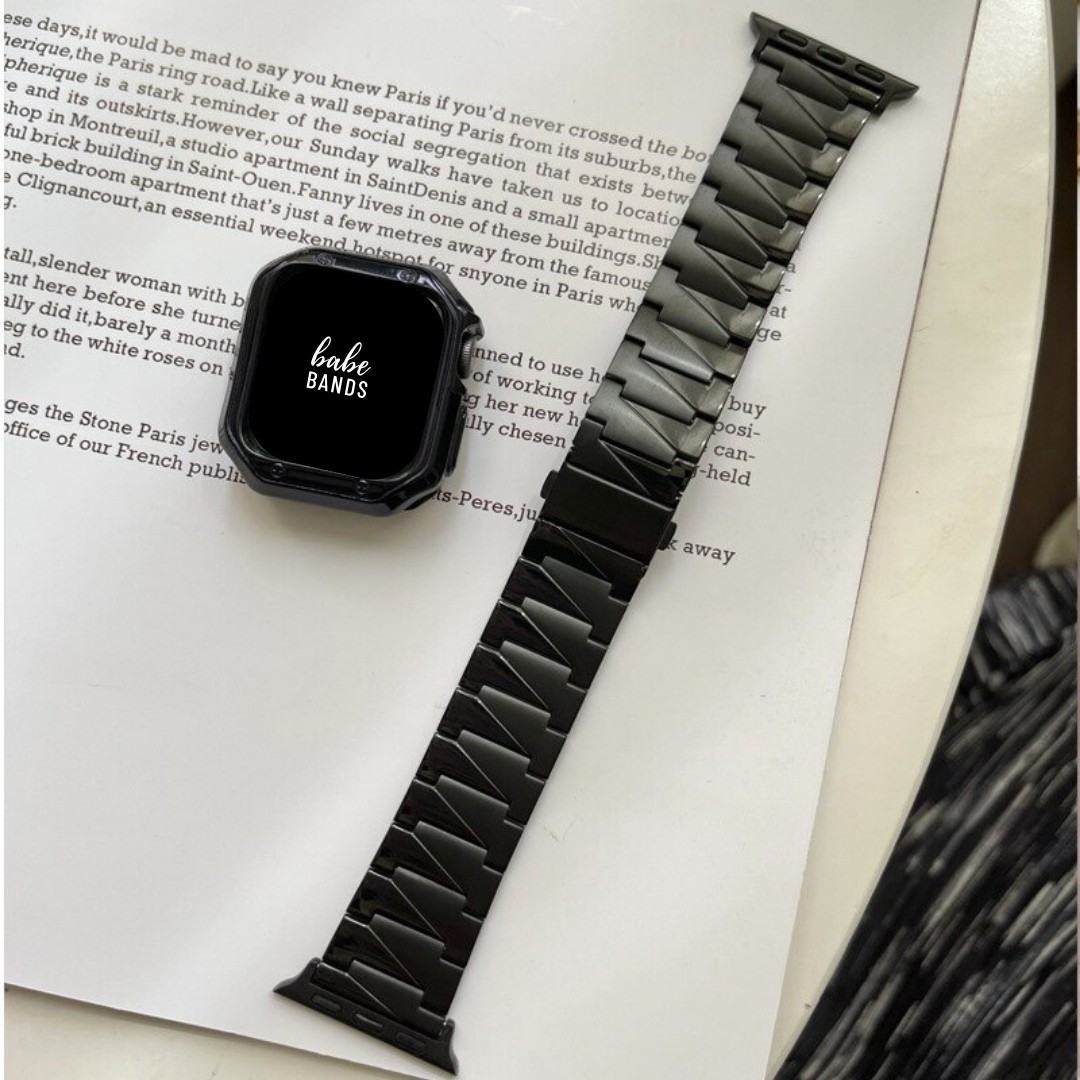 No more basic vibes. Step up your babe game with our premium Babe Bands to elevate your style.   Upgrade your Apple Watch with our Premium Zig Zag Classic Style Stainless Steel Band and Case Apple Watch Band + Case Set.  Indulge in the luxury look and feel of our Apple Watch band, crafted from high-quality stainless steel in a classic band style with matte + shiny contrasting zig zag design.