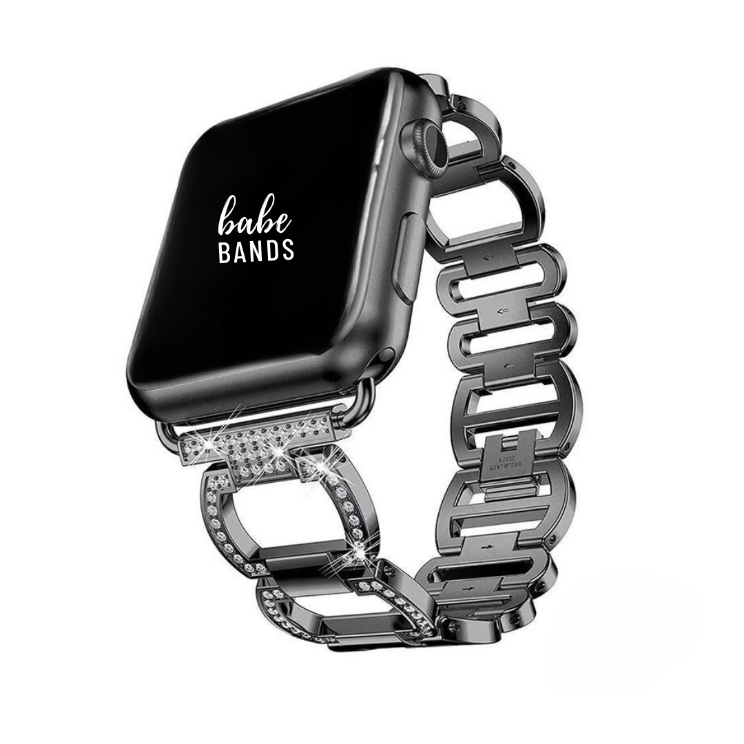 No more basic vibes. Step up your babe game with our premium Babe Bands to elevate your style.   Upgrade your Apple Watch with our Premium Crystal Embellished Oval Link Apple Watch Band.  Indulge in the luxury look and feel of our Apple Watch band, crafted from high-quality stainless steel in a stylish rounded rectangle link embellished with faux diamonds.