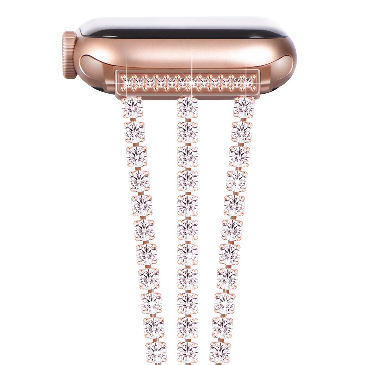 No more basic vibes. Step up your babe game with our premium Babe Bands to elevate your style.    Upgrade your Apple Watch with our Premium Triple Crystal Strap Apple watch Band.  Indulge in the luxury look and feel of our Apple Watch band, crafted from high-quality stainless steel in a beautiful triple strap design covered in faux diamond