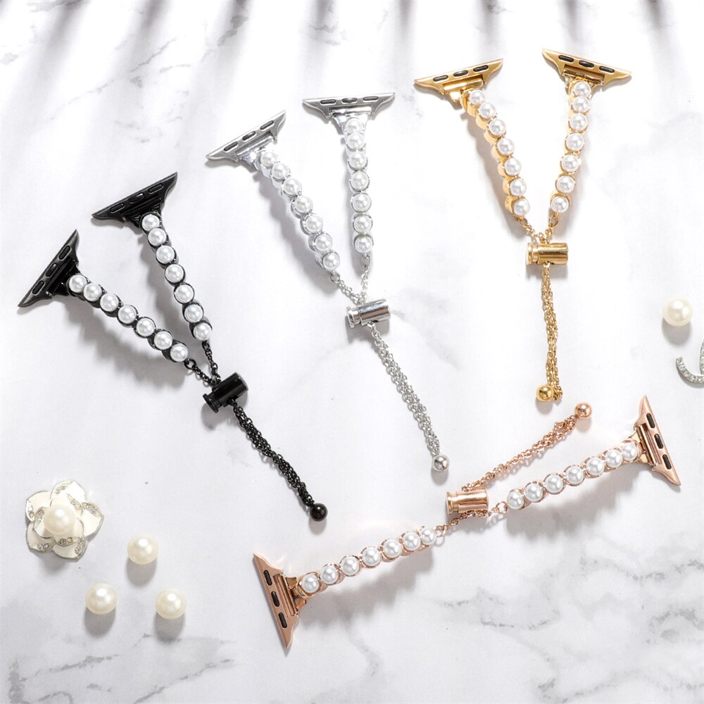No more basic vibes. Step up your babe game with our premium Babe Bands to elevate your style.    Upgrade your Apple Watch with our Premium Stainless Steel Pearl Bracelet Apple Watch Band.  Indulge in the luxury look and feel of our Apple Watch band, crafted from high-quality stainless steel in an elegant adjustable bracelet style with pearl detailing.