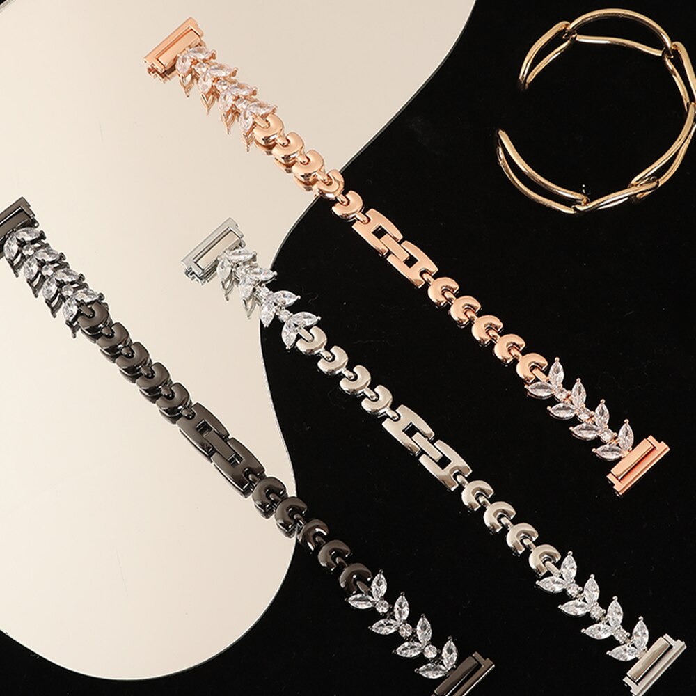 No more basic vibes. Step up your babe game with our premium Babe Bands to elevate your style.     Upgrade your Samsung Galaxy Watch with our Premium Stainless Steel Crystal Embellished Leaf Samsung Galaxy Watch Band.  Indulge in the luxury look and feel of our Samsung Galaxy Watch band, crafted from high-quality stainless steel in an elegant leaf design embellished with crystals for added style.