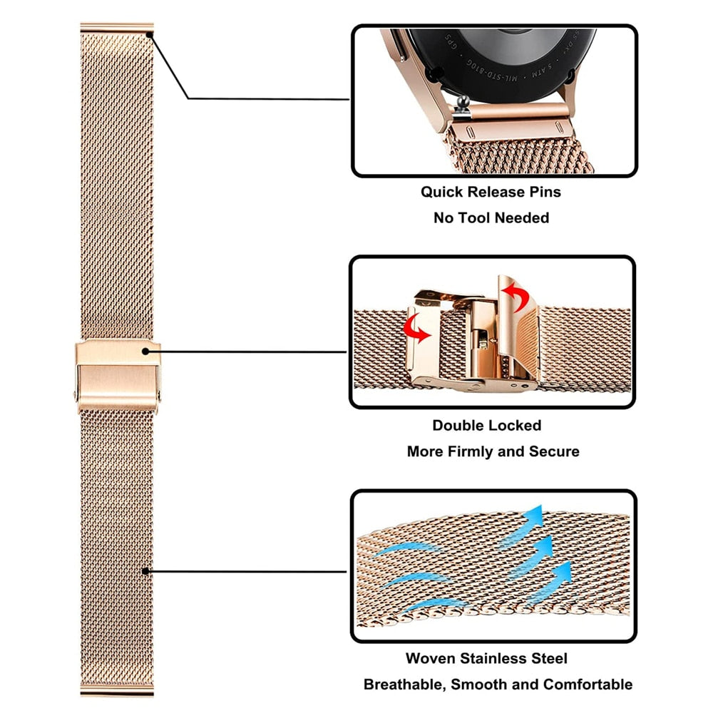 Upgrade your Samsung Galaxy Watch with our Premium Stainless Steel Mesh Chain Samsung Galaxy Watch Band.  Indulge in the luxury look and feel of our Samsung Galaxy Watch band, crafted from high-quality stainless steel in a smooth and classic mini chain link style with magnetic closure. 