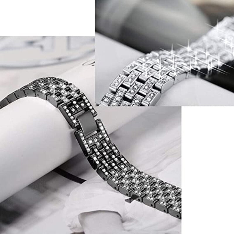 Upgrade your Samsung Galaxy Watch with our Premium Full Crystal Embellished Classic Style Band and Cover Samsung Galaxy Watch Band + Cover Set.  Indulge in the luxury look and feel of our Samsung Galaxy Watch band and case, crafted from high-quality stainless steel in a classic watch band style embellished with rows of faux diamond crystals. Each strap is designed to fit your Samsung Galaxy Watch seamlessly out of the box, and is adjustable with removable clasps. 
