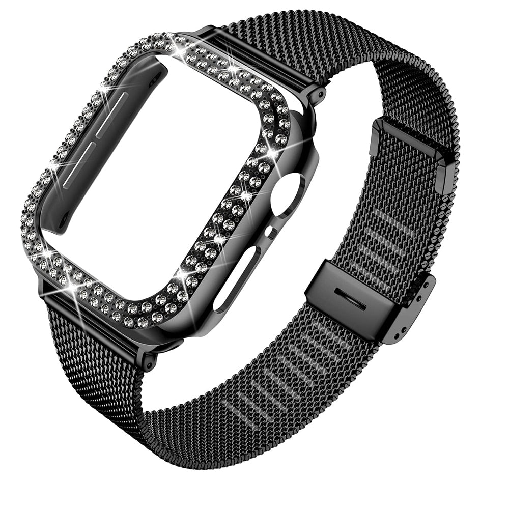 No more basic vibes. Step up your babe game with our premium Babe Bands to elevate your style.   Upgrade your Apple Watch with our Premium Stainless Steel Mesh Chain with Crystal Case Apple Watch Band + Case Set.  Indulge in the luxury look and feel of our Apple Watch band, crafted from high-quality stainless steel in a smooth and classic mini chain link mesh style with snap closure. The cover is embellished with shining faux diamonds.