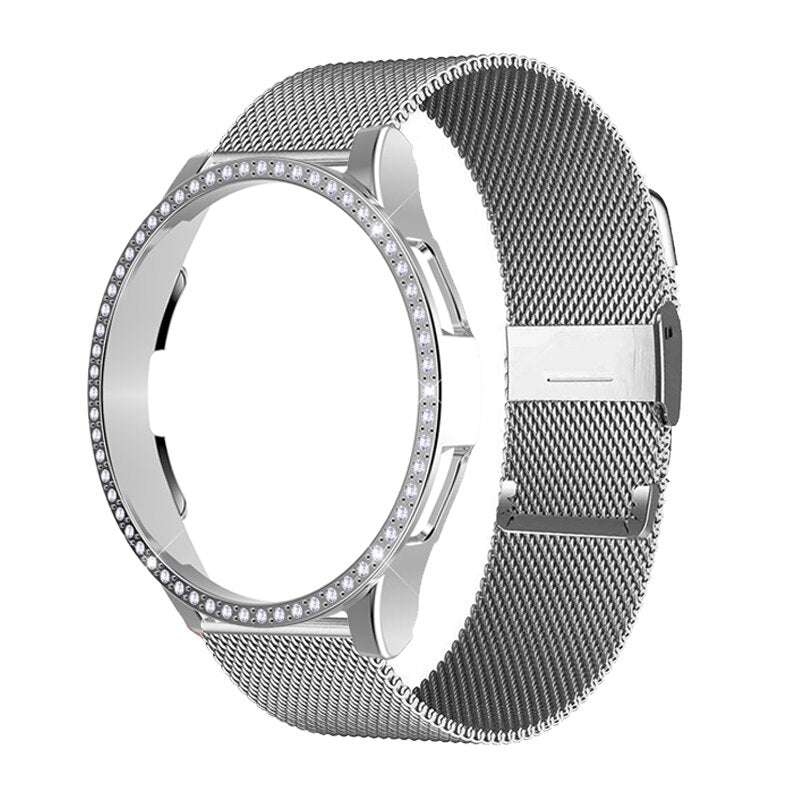 Upgrade your Samsung Galaxy Watch with our Premium Stainless Steel Mesh Chain with Crystal Face Samsung Galaxy Watch Band + Case Set.  Indulge in the luxury look and feel of our Samsung Galaxy Watch band, crafted from high-quality stainless steel in a smooth and classic mini chain link style with magnetic closure. 