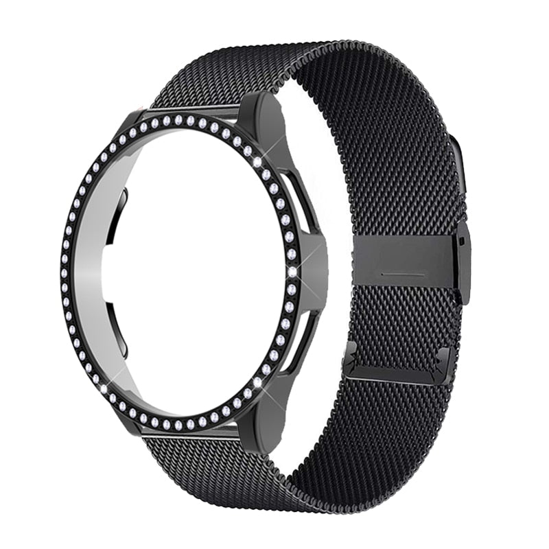 Upgrade your Samsung Galaxy Watch with our Premium Stainless Steel Mesh Chain with Crystal Face Samsung Galaxy Watch Band + Case Set.  Indulge in the luxury look and feel of our Samsung Galaxy Watch band, crafted from high-quality stainless steel in a smooth and classic mini chain link style with magnetic closure. 