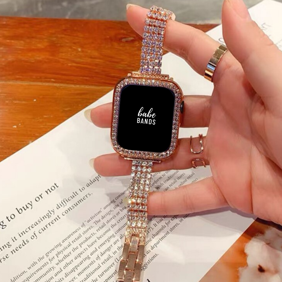 No more basic vibes. Step up your babe game with our premium Babe Band to elevate your Apple Watch style.     Upgrade your Apple Watch with our Premium Stainless Steel Full Rhinestone Apple Watch Band.  Indulge in the luxury look of our Apple Watch case, crafted from high-quality materials including a stainless steel band fully embellished with faux diamonds.